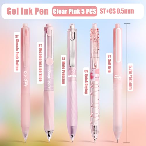 5 Count Pastel Gel Ink Pen Set,Cute Note Taking 0.5mm Fine Point Retractable 5 Count Black Ink Pens for Writing, Journaling, School, Office (Light Pink Clear) - color: Light Pink Clear