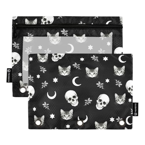 Skull Cat Moon Gothic Pencil Pouches for 3 Ring Binder, Zipper Binder Pencil Case, 2 Pack Clear Window Case Bag for Office Organizers - color: Skull Cat