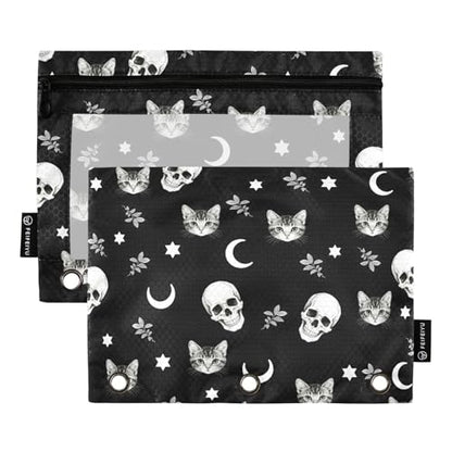 Skull Cat Moon Gothic Pencil Pouches for 3 Ring Binder, Zipper Binder Pencil Case, 2 Pack Clear Window Case Bag for Office Organizers - color: Skull Cat