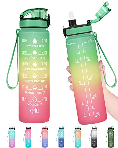 Enerbone Water Bottle, Leakproof BPA & Toxic Free, Motivational Water Bottle with Times to Drink and Straw, Fitness Sports Water Bottle with Strap for Office, Gym, Outdoor Sports - color: Green Red, size: 32 Ounces