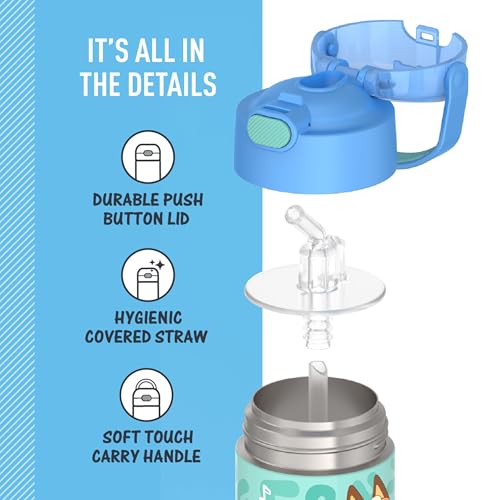 THERMOS FUNTAINER Water Bottle with Straw - 12 Ounce - Kids Stainless Steel Vacuum Insulated Water Bottle with Lid, Bluey - color: Bluey