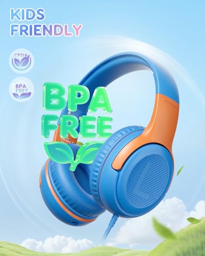 awatrue Kids Headphones Wired - Toddler Headphones with Microphone, Over-Ear Headphones, 85/94dB Volume-Limiting, 3.5mm Jack, Foldable On-Ear Design - Safe & Comfortable for Learning & Entertainment - color: BlueOrange