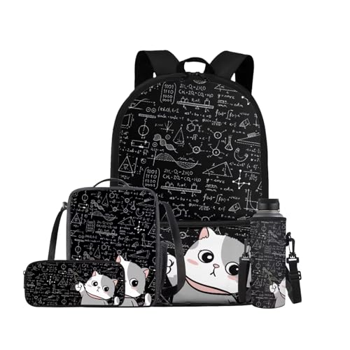 Cat Backpack for School Girls Backpack with Lunch Box Water Bottle Carrier with Strap and Kawaii Pencil Case 4 in 1 Cute Bookbag with Front Pocket 17 inch Large Elementary School Bag for Kids - color: Cat Teacher