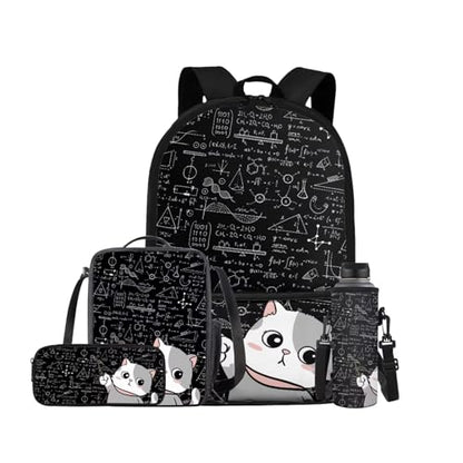 Cat Backpack for School Girls Backpack with Lunch Box Water Bottle Carrier with Strap and Kawaii Pencil Case 4 in 1 Cute Bookbag with Front Pocket 17 inch Large Elementary School Bag for Kids - color: Cat Teacher