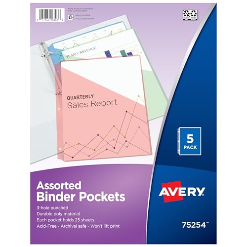 Avery® Binder Pockets for 3 Ring Binders, Assorted Colors, Fits 8.5" x 11" Documents, Acid-Free and Archival-Safe, 5 Folders Total (75254) - size: 5 Count (Pack of 1)