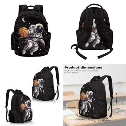 Basketball Astronaut Backpack for Boys Girls Backpack with Lunch Box Water Bottle Holder and Soft Pencil Case Kids 4PCS Set Bookbag with Front Pocket for School 17 inch Sturdy School Bag - color: Basketball Astronaut