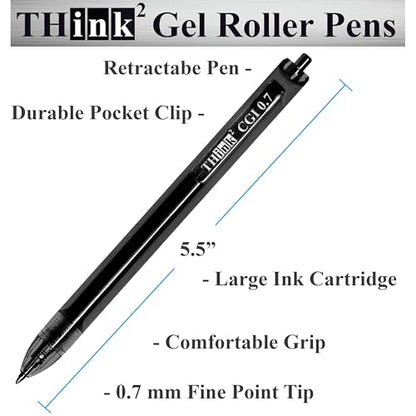 [24 Pens - Black Ink] Think2 0.7mm CGI Retractable Gel Pens. (24 Black) Medium Point Rollerball Pens with Smooth Quick Drying Ink. - color: Black