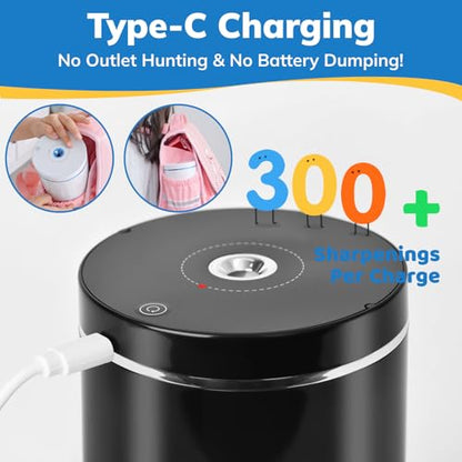 Fully Automatic Electric Pencil Sharpener, Rechargeable | Auto In and Out, Hands-Free for Standard 6-8mm Pencils, Perfect for Classroom and Home Use (Black and Silver) - color: Black & Silver