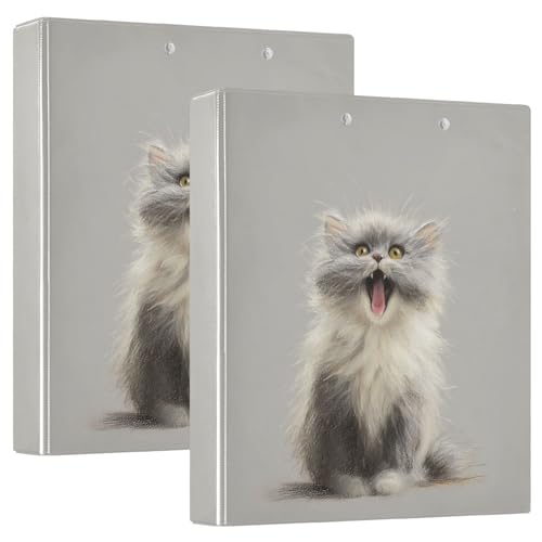 Fustylead Soft Watercolor Fluffy Cat Portrait Print 3 Ring Binder, D-Rings 1.5" Hardcover Folder, Fits 200 Sheets of A4 Paper, Durable Clipboard & Clean View with Inside Pockets for School Home Office - size: 12.4x10.63x2.36 Inch-2 Pack