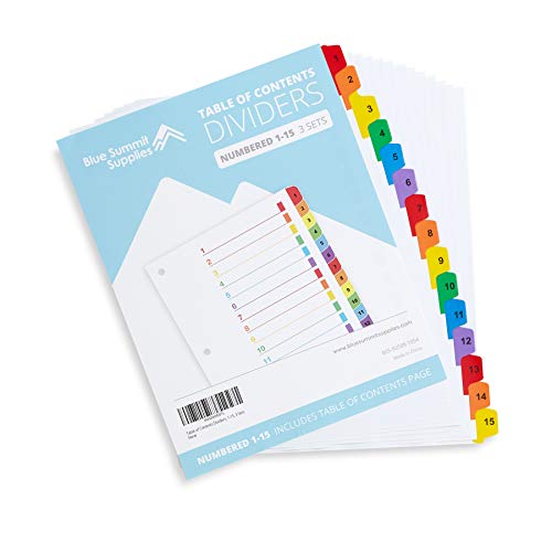 Blue Summit Supplies 15 Tab Binder Dividers for 3 Ring Binder or Notebook, Subject Dividers with Multicolor Numbered Tabs, Includes Customizable Table of Contents Index, 3 Sets