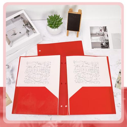 Yeaqee 50 Pcs Plastic Folders with Pockets Bulk 3 Hole Punched 2 Pocket File Folders for 3 Ring Binder Divider Folder for Notebooks, Durable Poly for Office Home (Red) - color: Red