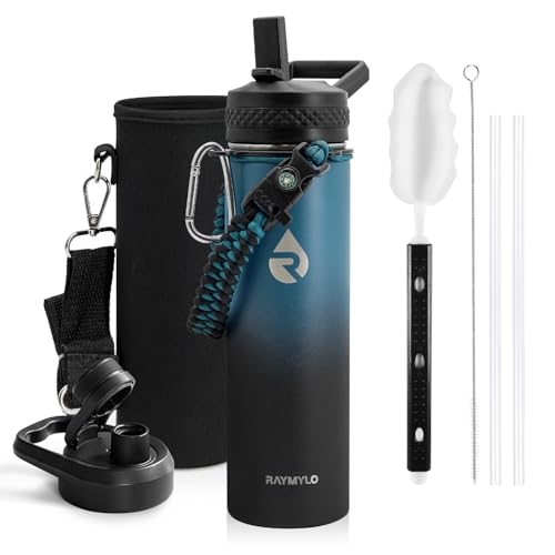 RAYMYLO Insulated Water Bottle 20 oz, Triple Wall Vacuum Stainless Steel (Cold for 24Hrs, Hot for 12Hrs), Leak Proof & Non-BPA, Modern Water Bottle Jug for School with Straw Spout Lids - color: Indigo/Black, size: 20 Ounces