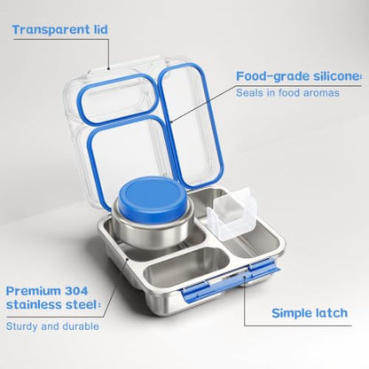 Pawtong Stainless Steel Bento Box Kids Adult with 7oz Insulated Food Jar, Transparent Lid Metal Lunch Box With Soup Thermal Jar, Lunch Box Container with Removable Divider & Sauce Cup School (Blue) - color: Blue