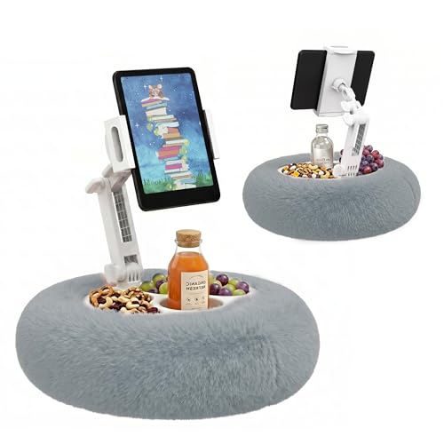 HomeMount Stable Tablet & Kindle Pillow Stand with Snack Tray, Grey | Rotating arm, plush velvet, washable cover, multi-angle comfort, fits 4.7–11" devices for relaxing, reading, or streaming - color: Grey