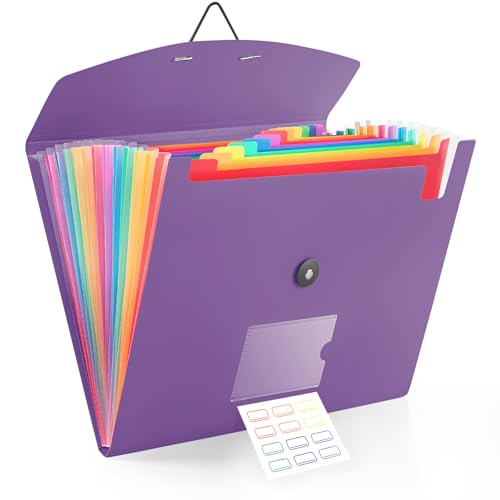 13 Pocket Accordion File Organizer with Elastic Closure, Expanding File Folder for Letter Size A4 Papers, Ideal for Home, Office Supplies, College Essentials - Purple - color: Purple