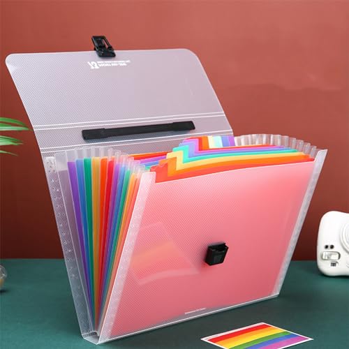 Accordion File Organizer with Labels, Expandable Document Storage Box with 13 Pockets, Waterproof Transparent File Organizer for A4 Files, Portable Document Receipt Organizers