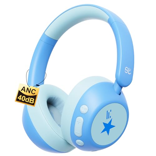 Steellumen Nova1Star Active Noise Cancelling Headphones for Kids, 70H Play Time,Bluetooth6.0,3-Level Volume 75/85/94dB,ANC Safe Wireless Listen, Fast Charging,with Mic,for School,Travel & Airplane - color: Blue