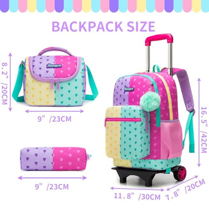 Girls Rolling Backpack with Wheels,Kids Backpack with Wheels Girls Large Capacity School Trolley Bookbag for Elementary Travel & Daily Use - color: Purple Pink Love