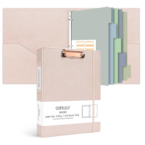 Ospelelf 3 Ring Binder with Clipboard, 1 Inch Leather, Letter Size (8.5" x 11"), Clipboard Binder with 5 Tab Dividers, Rose Gold - color: Rose Gold, size: Letter Size - 1 Inch