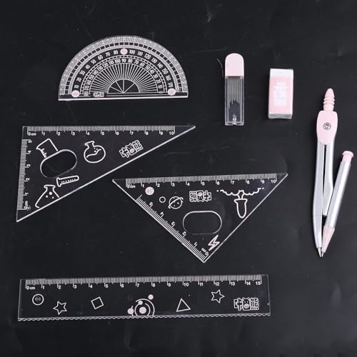 7Pcs Pink Compass Protractor Set with Portable Box Geometry Drafting Tools Set Multi-Purpose Math Drawing Rulers for Boy Girl Drafting Tools and Drafting Kits