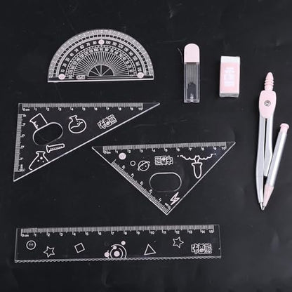 7Pcs Pink Compass Protractor Set with Portable Box Geometry Drafting Tools Set Multi-Purpose Math Drawing Rulers for Boy Girl Drafting Tools and Drafting Kits