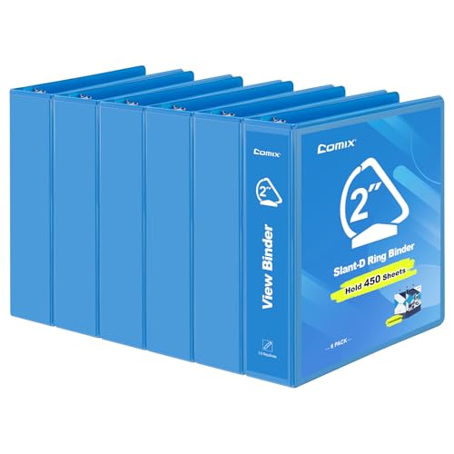 COMIX Sturdy 3 Ring Binder 2 inch with Clear View Cover, 2" Slant-D Ring View Binder Holds 500 Sheets of US Letter Size Paper, 6 Pack (Light Blue) - color: Light Blue, size: 2 inch