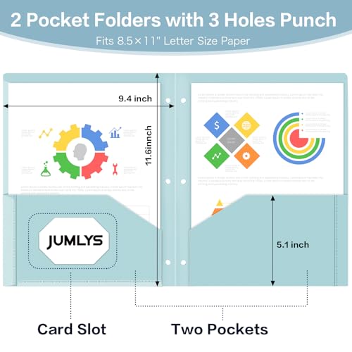 Jumlys 6 Pack 2 Pocket Folders with Clear Front Pocket and 3 Holes, Pastel Folders with Pockets for 3 Ring Binder, Heavy Duty Plastic Folders for Letter Size Paper, Ideal School and Office Supplies