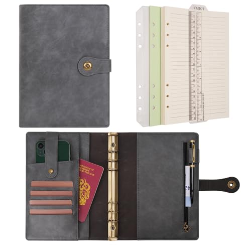 WONDERPOOL A5 Binder Journal Leather Spiral Notebook Refillable College Ruled Paper, Budget Binder Rings Diary Organizer with Pen for Office School Travel Business Planning Writing (Gray, A5) - color: Gray, size: A5