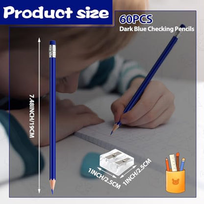 60 PCS Dark Blue Pencils Bulk with Eraser, Pre-Sharpened HB Pencils for Writing & Drawing, School Supplies for Kids Homework, Tests, Art Crafts & Teacher Grading(Dark Blue) - color: dark blue