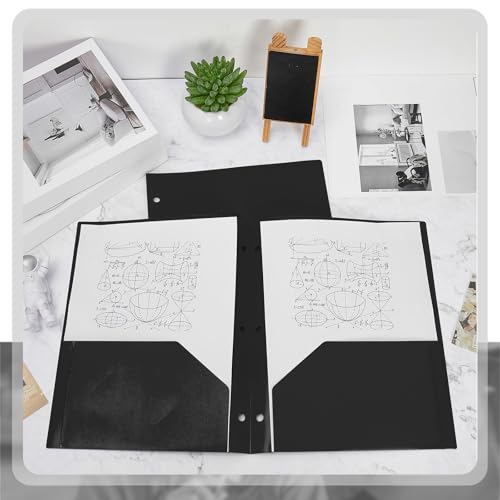 Yeaqee 100 Pcs Plastic Folders with Pockets Bulk 3 Hole Punched 2 Pocket File Folders for 3 Ring Binder Divider Folder for Notebooks, Durable Poly for Office Home (Black) - color: Black