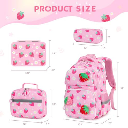 Kids Backpack for Girls 4-8, Cute 3D Plush Strawberry Toddler Backpack with 34oz Lunch Box, Insulated Bag, Pen Case & Utensils, School Bookbag for Preschool Kindergarten Elementary Student - color: Strawberry