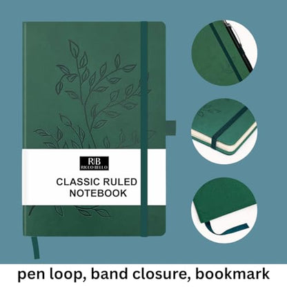 RICCO BELLO Lined Journal Notebook, Green Leaves, 5.7 x 8.4-Inches | Faux Leather Hardcover, College Ruled, 96 Sheets / 192 Pages, Pen Holder, For Work & Notes - color: Green Leaves
