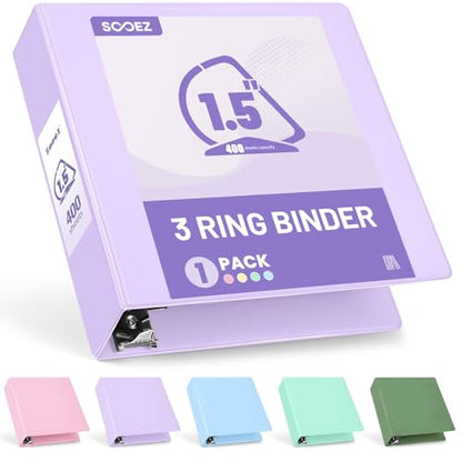 Sooez 3 Ring Binder 1.5 Inch, D-Ring Binder with Pockets, Purple, 8.5"x11" | Holds 400-Sheet of Letter Paper, Extra Durable, PVC-Free, Clear View Cover, Interior Pockets, Eco-Friendly, School, Office - color: Lavender, size: 1.5 inch