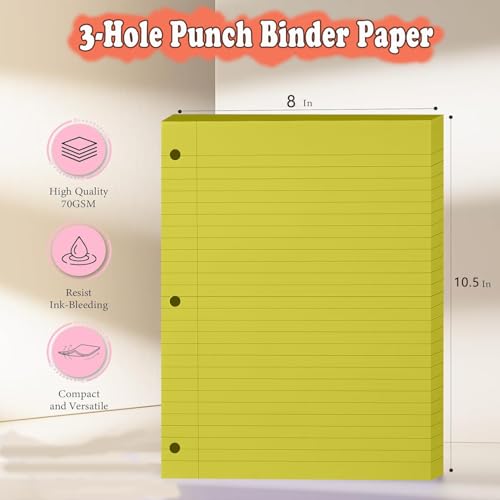 Loose Leaf Paper, 300 Sheets, Wide Ruled, 8" x 10.5", 6 Pack, 70gsm Notebook Paper Filler Sheets, 3 Hole Punched, 50 Sheets/Pack, Wide Ruled Office Filler Writing Notepads for 3 Ring Binder, Yellow - color: Yellow