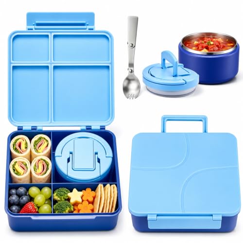 Bento Lunch Box for Kids with 8oz Soup Thermo,Kids Leakproof Lunch Food Containers with 4 Compartment,Kid Insulated Thermo Hot Food Jar for School,Trvael-Blue - color: Blue