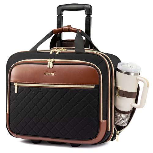 LOVEVOOK Rolling Laptop Bag Women, 17.3 Inch Laptop Briefcase with Wheels, Soft Sided Underseat Carry On Luggage Personal Item Suitcase for Work Travel Business, Black Brown - color: Black-Brown