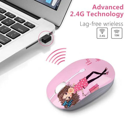 JUHOO Wireless Mouse with Nano Receiver for PC, Laptop, Notebook, Computer, MacBook, Less Noise, Portable Mobile Optical Mice - style: Shopping Girl