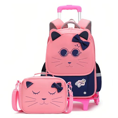 2Pcs Girls Rolling Backpack, Cute Cat Face Kids School Bag Bookbag Roller Backpack for Girls with 6 Wheels, 2Pcs-Pink - color: 6 Wheels-2pcs-pink, style: 6 Wheels