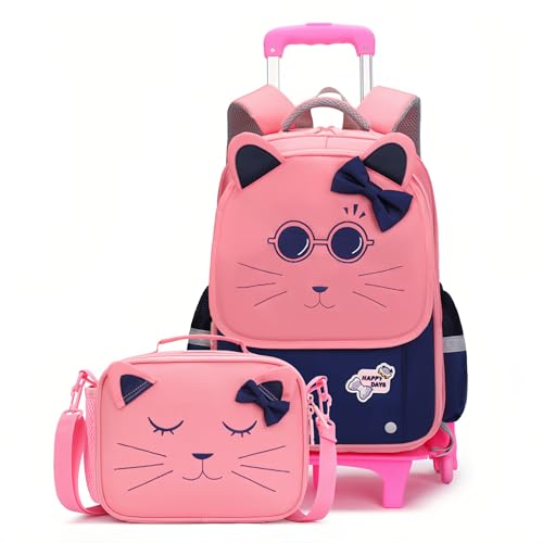 2Pcs Girls Rolling Backpack, Cute Cat Face Kids School Bag Bookbag Roller Backpack for Girls with 6 Wheels, 2Pcs-Pink - color: 6 Wheels-2pcs-pink, style: 6 Wheels