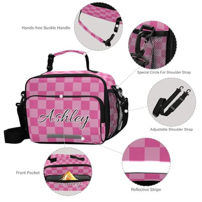 Custom Student Lunch Bag for Boys Girls Pink Checkerboard Personalized Lunch Box With Name Insulated Cooler Bag for School Picnic Travel - color: Multi08