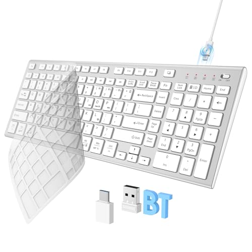 FENIFOX Wireless Keyboard, Bluetooth & 2.4G USB & USB-C Rechargeable Silent Ultra Quiet Low Profile Compact Full Size with Number Pad Soft Multi Device for Mac MacBook Windows PC - White & Silver - color: Silver White