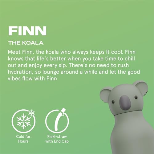 asobu Bestie Bottle Insulated Stainless Steel Water Bottle with Detachable Soft Animal Head Fun Drinking For Kids and Teens with Flexible Reusable Straw 16 Ounce (Koala) - color: FINN THE KOALA