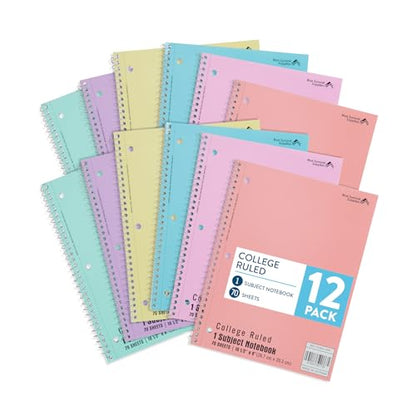 Blue Summit Pastel Spiral Notebook College Ruled, One Subject School Notebooks Spiral, Perforated Notebooks Bulk, 8 x 10.5 School Book, Paper, College Ruled, 12 Pack - size: 12 Pack