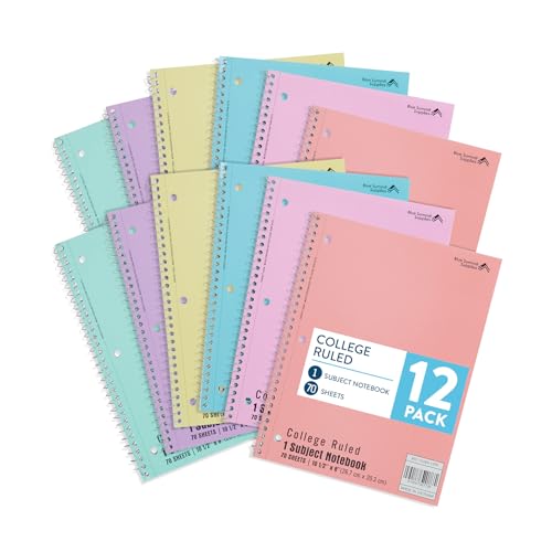 Blue Summit Pastel Spiral Notebook College Ruled, One Subject School Notebooks Spiral, Perforated Notebooks Bulk, 8 x 10.5 School Book, Paper, College Ruled, 12 Pack - size: 12 Pack