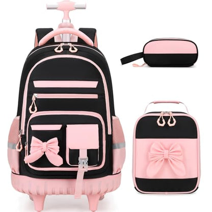 DIGOBAY Rolling Backpack for Girls, Cute Roller School Bag with Wheels, Kids Wheeled Backpacks Set with Lunch Bag Pencil Case for Teen Girls Kindergarten Elementary Middle School - color: Black-pink