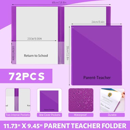 PerKoop 72 Pcs Take Home Folders Bulk Parent Teacher Communication Folder with 2 Pockets Plastic Homework Folder for Student Parent Teacher Classroom Back to School Supplies 11.73 x 9.45'' (Purple) - color: Purple