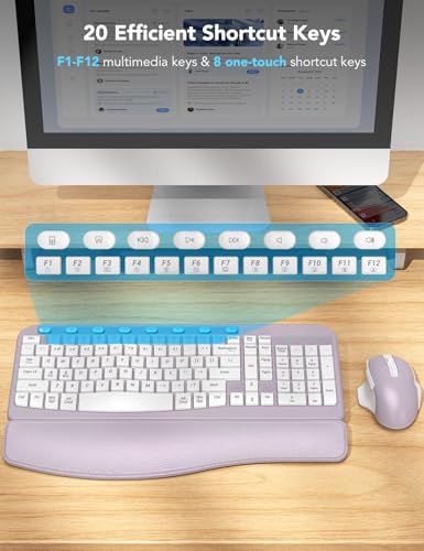 SABLUTE Wireless Keyboard and Mouse Combo with Ergonomic Wave Key | Leather Soft Palm Rest, 2.4G Full Size, 6-Button Mouse, 4-Level DPI, USB-A/C, MA12 Set for PC, Laptop, Windows, Mac (Purple) - color: Lavender Purple