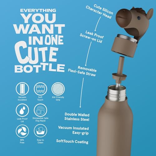 asobu Bestie Bottle Insulated Stainless Steel Water Bottle with Detachable Soft Animal Head Fun Drinking For Kids and Teens with Flexible Reusable Straw 16 Ounce (Horse) - color: Horse