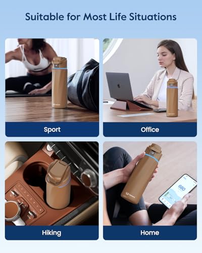 WaterH BOOST Smart Water Bottle Tracker with Reminder to Drink Water, 24oz | BPA-Free Double Wall Vacuum Insulated Stainless Steel, Leakproof, Smart App Tracking, Fits Cup Holders, Wide Mouth for School - color: Mocha, size: 24 Ounces