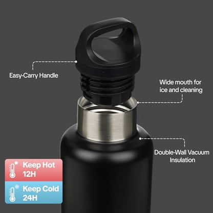 BJPKPK Insulated Water Bottle 32OZ Stainless Steel Water Bottle with Handle Double Walls Vacuum Insulated BPA Free Flask, Black - color: Black, size: 32 Ounces